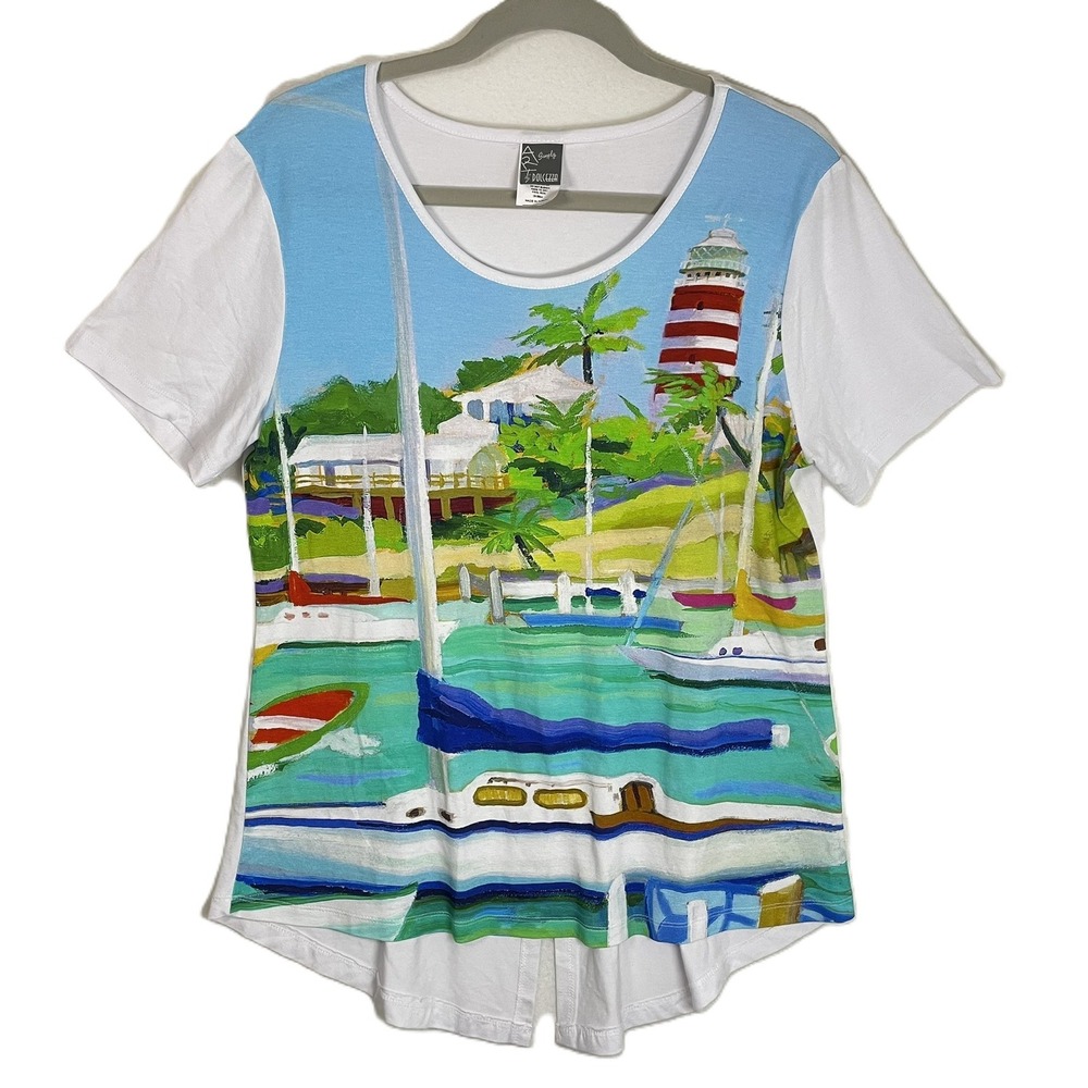 Art Simply by Dolcezza Lighthouse Harbor Large Tshirt Coastal Sailboat Scenic